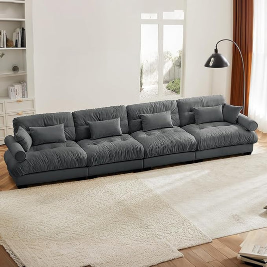 166" Grey Modular Sectional Sofa, 4 Seater Large Sectional Couches for Living Room, Velvet Fabric Oversized Fluffy Cloud Couch with Ottoman, Deep Seat Home Sofas Set, Sofá Moderno