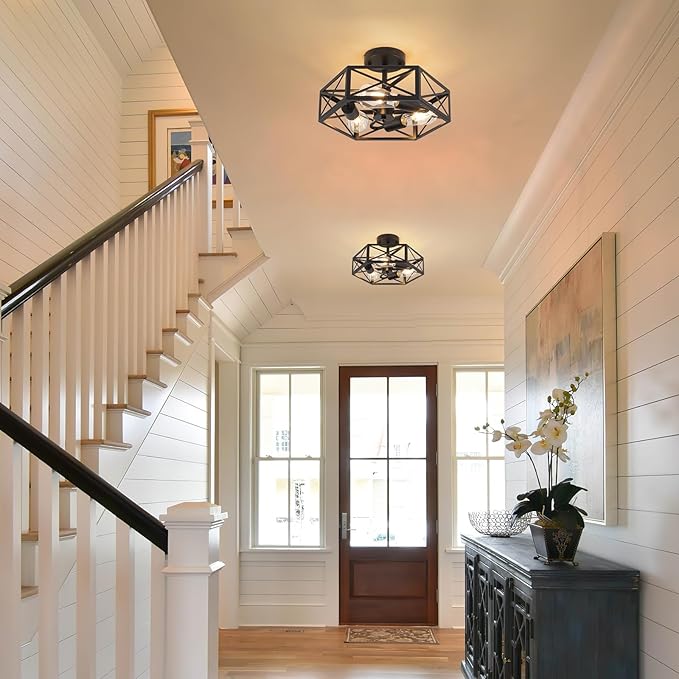 Black Semi Flush Mount Ceiling Light, Farmhouse Hallway Light Fixtures Ceiling Mount, 3 Light Industrial Close to Ceiling Lights with Metal Hexagon Cage for Kitchen, Hallway, Entryway, Bedroom