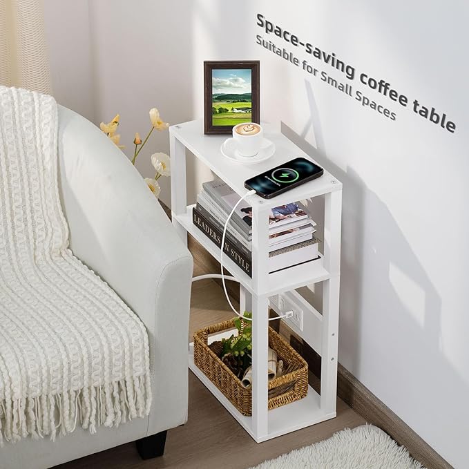 3-Tier Small Narrow Wood Side Table Set of 2 with Charging Station - Skinny Nightstand for Small Spaces, Slim Bedside Table with USB Ports and Outlets - Thin End Table with Storage, White
