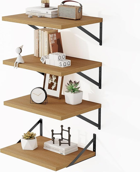 Heimlove 12 Inch Deep Floating Shelves for Wall, 16W x 12D Wide Floating Shelves Heavy Duty Wall Mounted Shelves, Wood Shelves for Living Room Bedroom Bathroom Kitchen- Set of 4