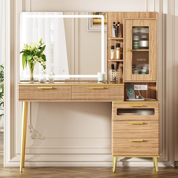 47.24" Big Modern Vanity Desk with Mirror and Lights,Makeup Vanity Desk with 5 Drawers and Storage Shelves & Power Outlet,Dressing Table with Glass Top, Oak