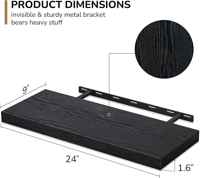 Fun Memories Floating Shelves - 2 Pack 9.3 Inch Deep Rustic Wooden Wall Shelves - Wall Mounted Storage Shelf with Invisible Brackets, 24" W x 9" D x 1.6" H - Black