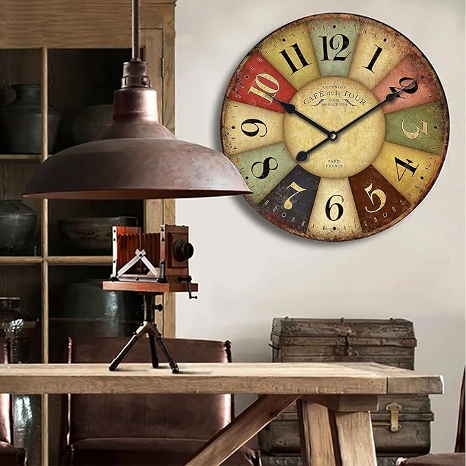 24 Inch Vintage Wall Clocks French Style Retro Wall Clock Large Farmhouse Clocks Retro Colorful Wall Clock Decorative Battery Operated Silent Scan Non-Ticking for Home Living Room Bedroom