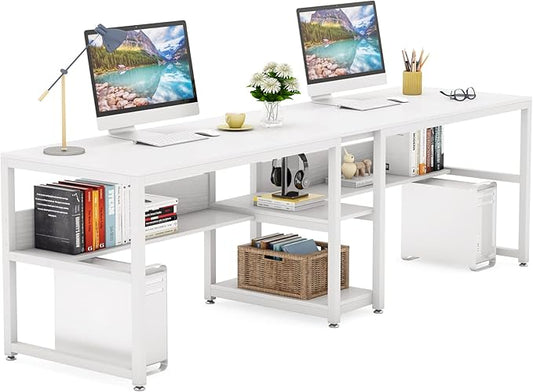 Tribesigns Two Person Desk with Bookshelf, 78.7 Computer Office Double Desk for Two Person, Rustic Writing Desk Workstation with Shelf for Home Office (White)