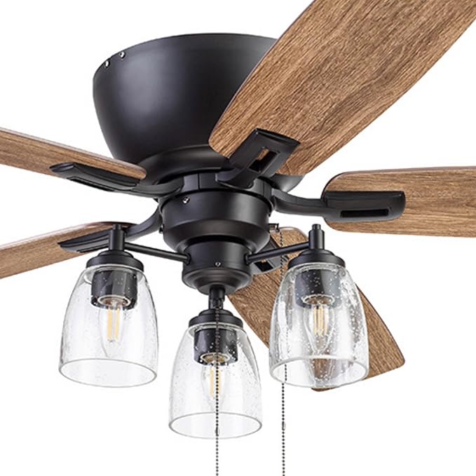 Prominence Home Arthur, 52 inch Industrial Farmhouse Flush Mount LED Ceiling Fan with Light, Pull Chain, Three Mounting Options, Dual Finish Blades, Reversible Motor - 51486-01 (Espresso)