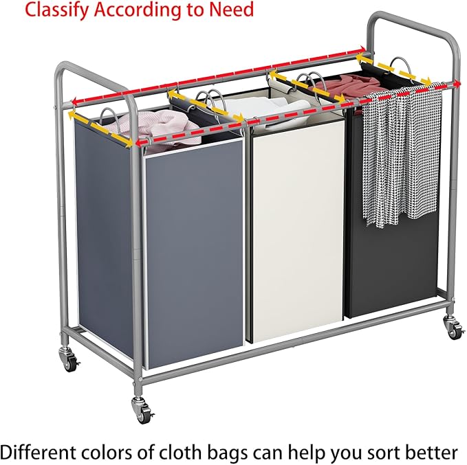 LINZINAR 3-Bag Laundry Basket Sorter Laundry Hamper Cart with Heavy Duty Rolling Lockable Wheels and Removable Bags (Assorted)