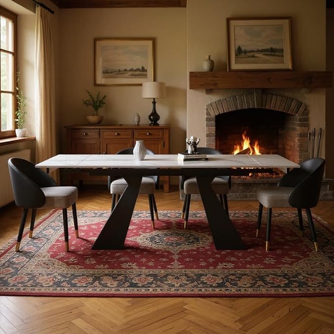 62.9" to 94" Modern Sintered Stone Luxury Rectangular Dining Table for 6-8 People, White Top with Black Base, Contemporary Style for Living Room