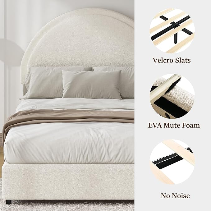 Full Size Bed Frame with Round Headboard, Upholstered Platform Bed Frame, Boucle Soft Bed Frame, Modern Style, No Box Spring Required, Easy Assembly, White