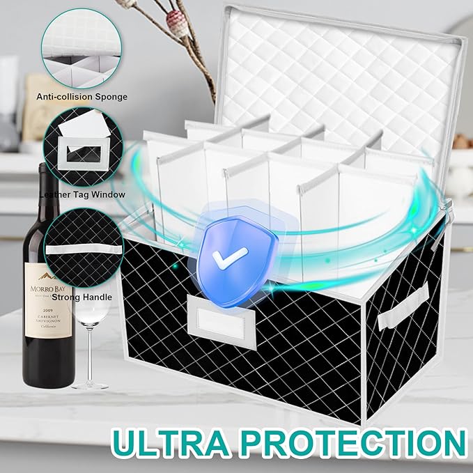 VERONLY China Dinnerware Storage Containers Set- Dish,Mug,Stemware Storage Cases - Quilted Box Bins Stackable with Divider,handles,Clear Window for Cups,Plates,Wine Glasses Moving Set of 6 (Black)