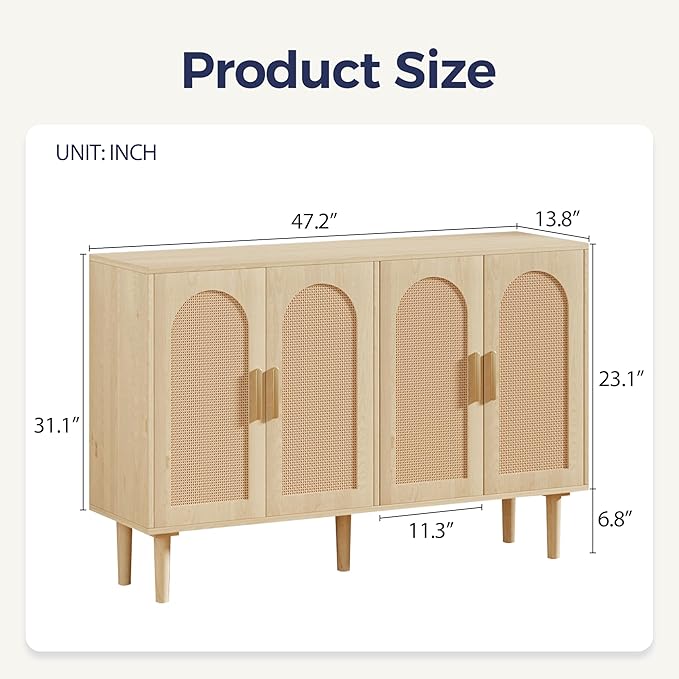 4-Door Rattan Sideboard Buffet Cabinet, 47" Large Storage Cabinet with Shleves, Wood Modern Accent Credenza Kitchen Table for Dining Room, Living Room & Entryway, Natural