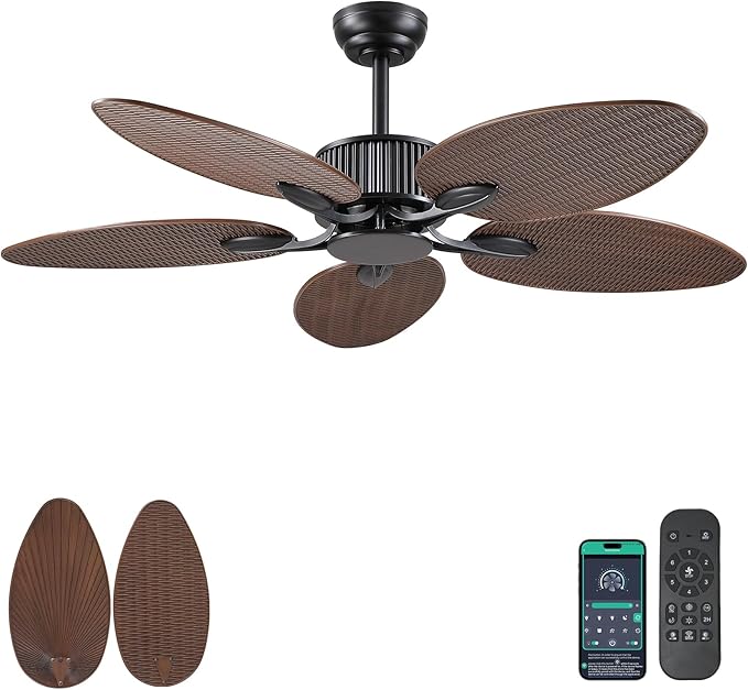 50 Inch Tropical Ceiling Fan no Light, Outdoor Waterproof Palm Leaf Ceiling Fans for Patios Porches, Remote +APP Control, Wet Rated, 6 Speeds, Quiet, Dark Brown