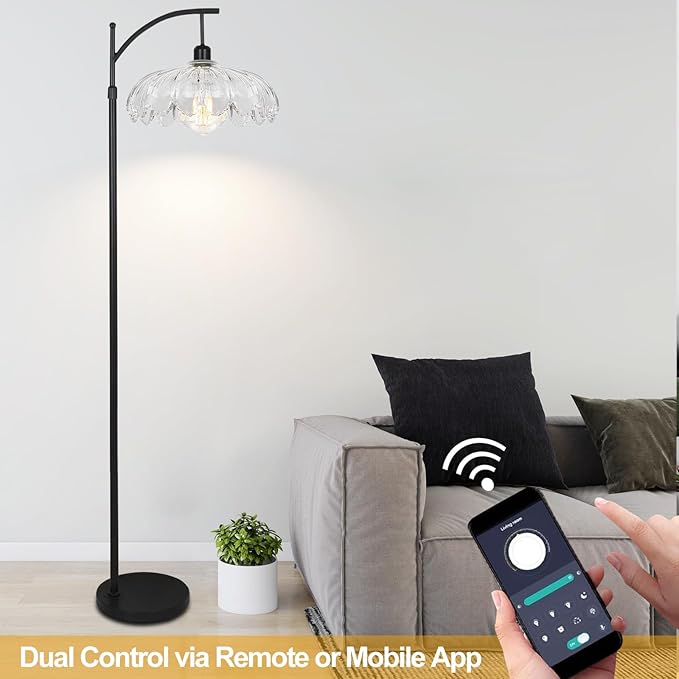 Black Floor Lamp for Living Room Bedroom with Remote,Unique Vintage Standing Tall Lamp,Mid Century Modern Floor Lamps with Dimmable Bulb,Arc Clear Glass Floor Lamps for Office Corner
