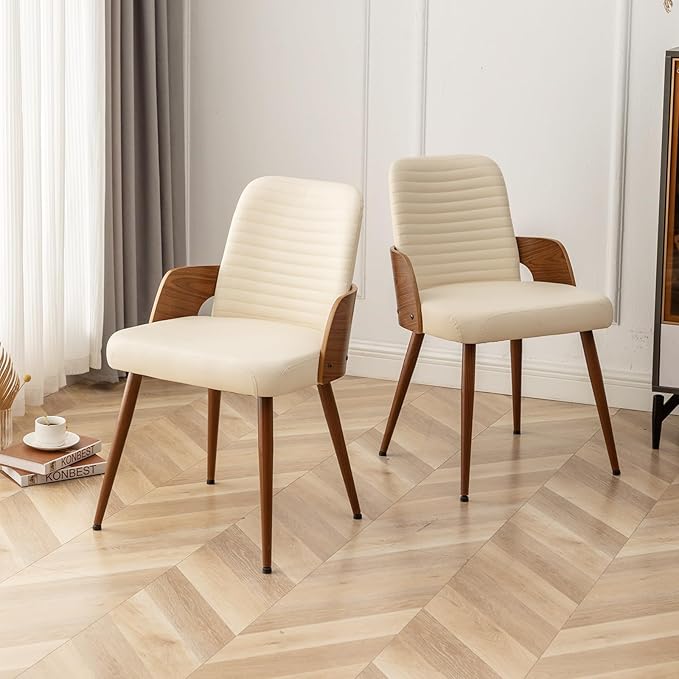 Dining Room Chairs Set of 4,Mid Century Modern Kitchen Chair,Upholstered Faux Leather Accent Chairs,Metal Legs Wooden Desk Chair,Armless and No Wheels for Kitchen Dining,Beige PU
