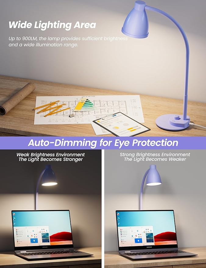BOHON LED Desk Lamp with USB Charging Port, 3 Color Modes Fully Dimmable Reading Lamp, Auto Dimming Task Lamp, Flexible Neck Table Light for Office Dorm Bedside, Adapter Include