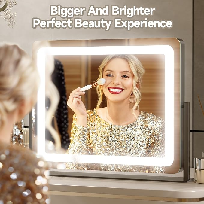 PRIMETEK Vanity Mirror with Lights, 22"x19" Large Makeup Mirror with Lights, LED Lighted Hollywood Makeup Mirror, Touch Sensor with 3-Color Lighting, Dimmable for Vanity Desk Tabletop, Bedroom, Black