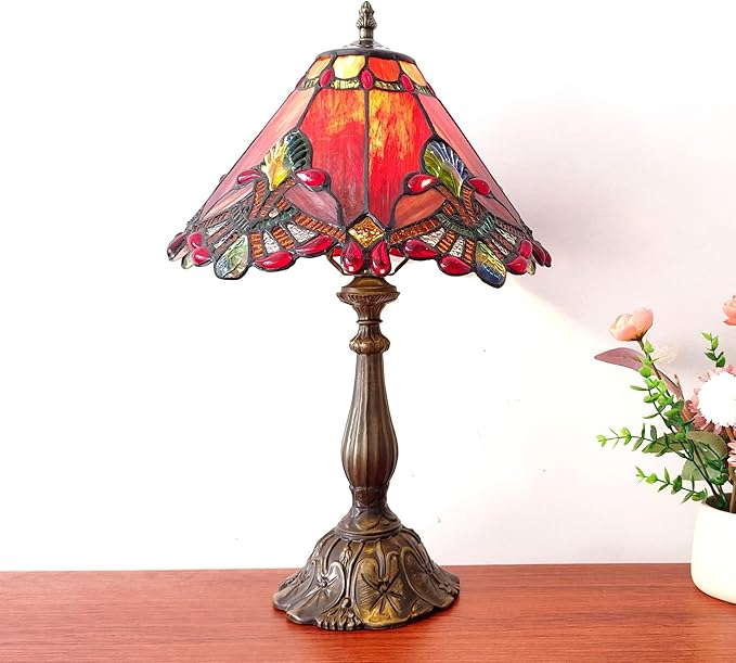 Tiffany Table Lamp Red Baroque Style Stained Glass Lamp 12X12X19 Inch Antique Lamp for Office Home Bedroom Living Include 3-Color LED Bulb