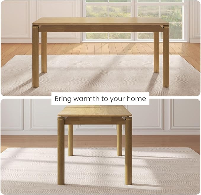 63" Dining Table for 4-6 People, Modern Farmhouse Rectangular Kitchen Table with Solid Wood Legs & Gold Trim, Large Long Dining Room Table for Living Room, Natural (Table Only)