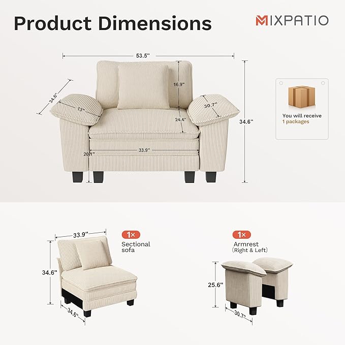 53.5" Modular Sectional Single Sofa, Soft Plush Corduroy Armchair with Comfortable Deep Seat & Removable Arms for Living Room，Beige