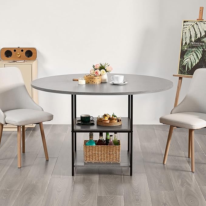 VEVOR Round Dining Table, 47 inch Wood Table for 4-6 Person, Modern Circle Dinner Furniture, Leisure Tables with Storage Shelf and Metal Legs, for Home Kitchen Living Room, Grey (Only Table)