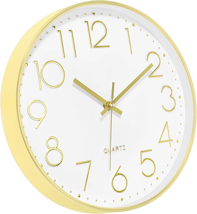 Foxtop 14 Inch Large Silent Non-Ticking Gold Wall Clock Battery Operated Round Quartz Modern Wall Clock Decorative for Living Room Bedroom Kitchen Home Office