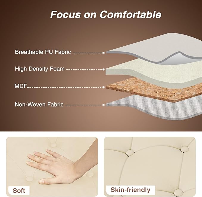 Bedroom Bench, End of Bed Bench with Storage, 55-Inch Bed Benches for Foot of Bed, Faux Leather Window Bench, Upholstered Storage Bench with Tufted Button and Nailhead Trim, Rolled Arms, Cream White