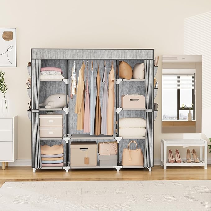 VTRIN Portable Closet Wardrobe for Hanging Clothes 57.3 Inch Large Capacity Clothes Rack with Cover, 10 Storage Organizer Shelves, 1 Hanging Rods and 6 Pockets, Free Standing Closet, Printing