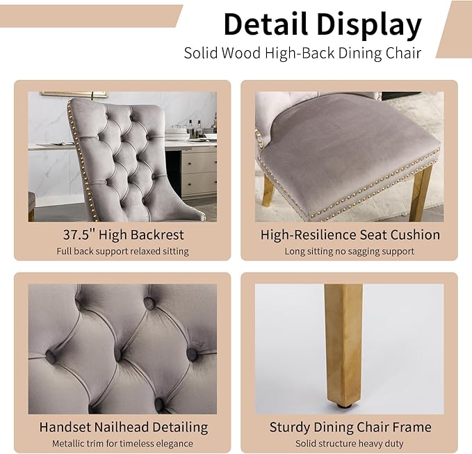 Luxury Upholstered Dining Chairs Set of 2, Grey Kitchen Chair with Golden Metal Legs, Velvet Tufted Back Dining Chair, Sillas de Comedor, Modern Kitchen & Dining Room Chairs (Gray, 2 Pcs)