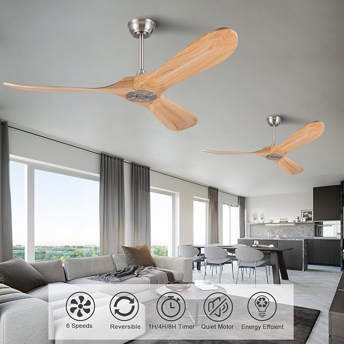 52 Inch Solid Wood Ceiling Fan with Remote,Outdoor Ceiling Fan no Light,6 Speeds,Noiseless,Reversible DC Motor,Modern Ceiling Fans without Lights for Bedroom Farmhouse Patios Study Brushed Nickel
