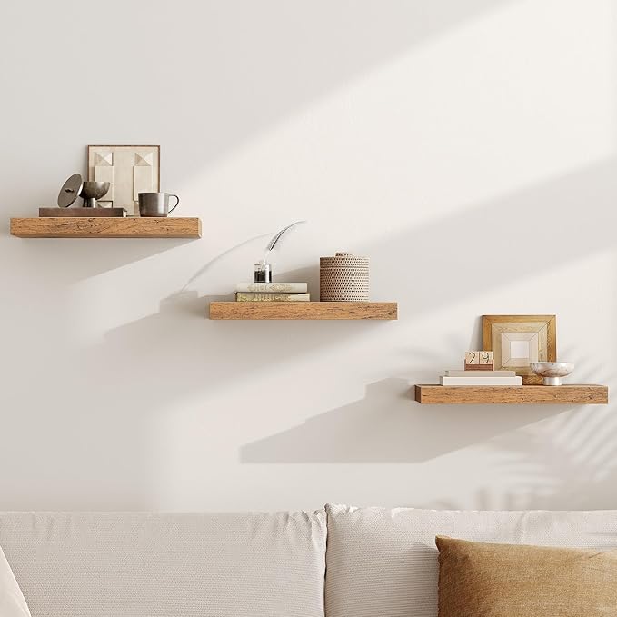Floating Shelves for Wall, 1.5" Thick Wall Shelf Set of 3 with Invisible Brackets, 15.7L x 7.9W Hanging Shelves Farmhouse Home Decor for Bathroom, Living Room, Bedroom, Rustic Brown 4301BJP3BF