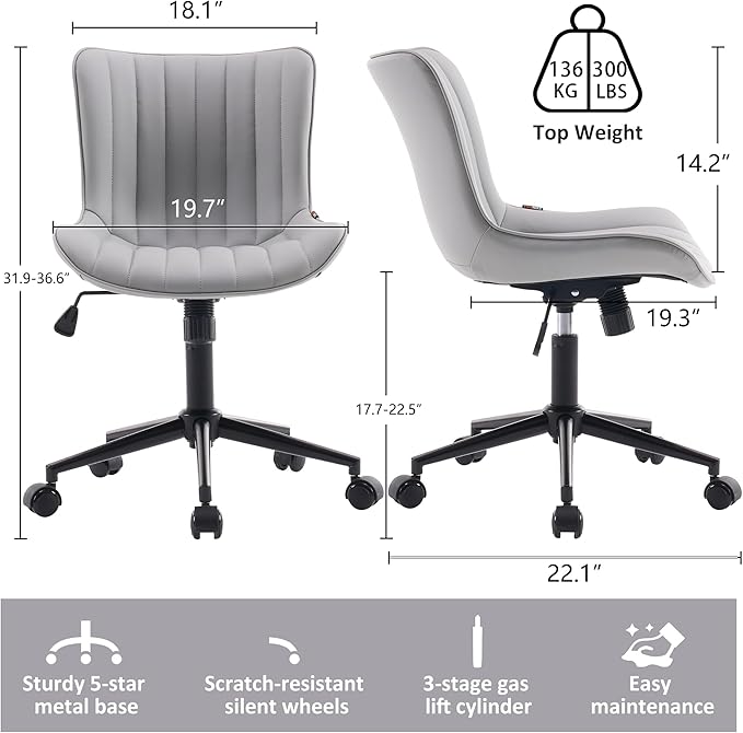 Kidol & Shellder Grey Leather Home Office Desk Chair with Wheels Modern Cute Armless Executive Swivel Vanity Chair with Comfy Padded Back Ergonomic Rolling Adjustable Computer Task Chair Small