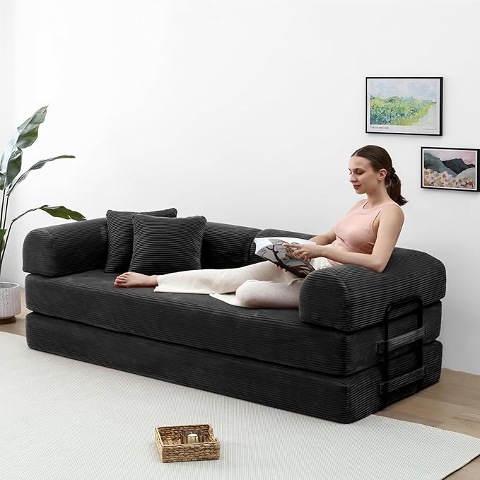 Compression Sofa - 79'' Convertible Sofa Bed, Boneless Couch in a Box, Modular Corduroy Foldable Sleeper Sofa with 2 Pillows, Loveseat Couches for Living Room (Corduroy Fabric, Black)