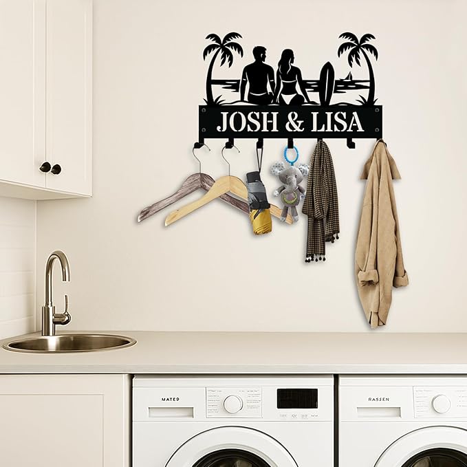 NIWAHO Personalized Key Holder for Wall - Custom Key Hanger with Family Name - Surfboard Couple Engraving Metal Wall Sign with Hooks, Housewarming or New Home Gift