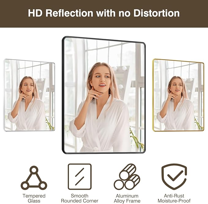 Black Framed Mirrors for Bathroom,55 x 36 Inch Rounded Conner Rectangle Mirror for Wall, Matte Black Vanity Mirror with Tempered Glass,Anti-Rust,Hangs Horizontally or Vertically