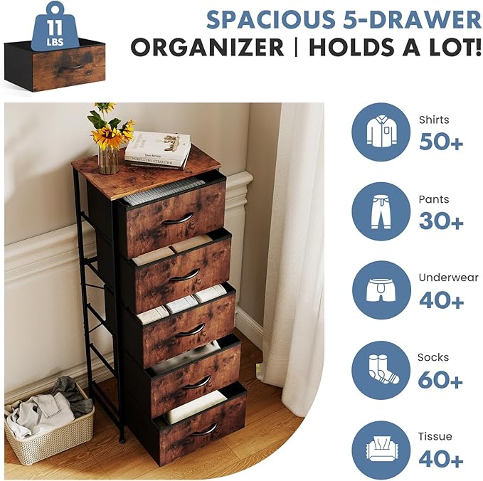 DUMOS Nightstand with 5 Drawers Bedside Table with Removable Fabric Bins Sturdy Steel Frame Wood Top Organizer Furniture for Bedroom Closet Living Room, Brown