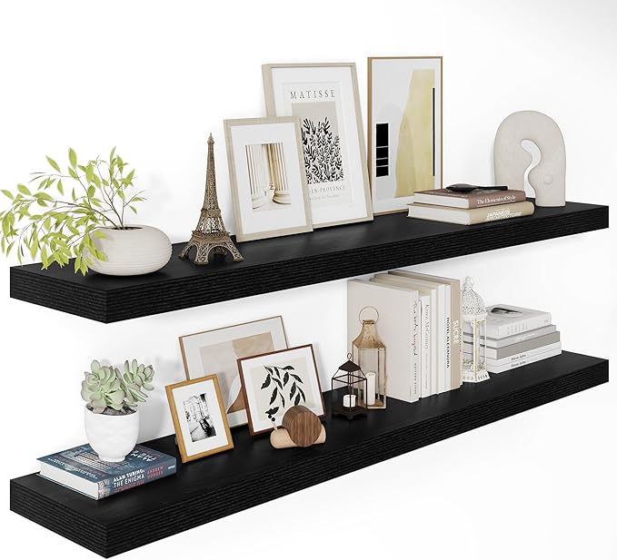 Vivelove 2 inch Thick Floating Shelves for Wall 55 Inches Long, 12" Deep Wall Shelves, for Bedroom, Bathroom, Living Room, Kitchen, Office, Modern Home Decor, 48" X 12" X 2", Set of 2, Black
