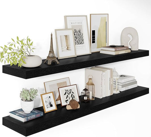 Vivelove 2 inch Thick Floating Shelves for Wall 55 Inches Long, 12" Deep Wall Shelves, for Bedroom, Bathroom, Living Room, Kitchen, Office, Modern Home Decor, 48" X 12" X 2", Set of 2, Black