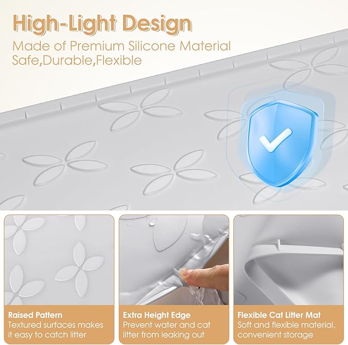 Cat Litter Mat, Large 34" x 22" Litter Box Mat, Waterproof Silicone Litter Mat for Litter Box, Non-Slip, Easy to Clean (Light Grey)