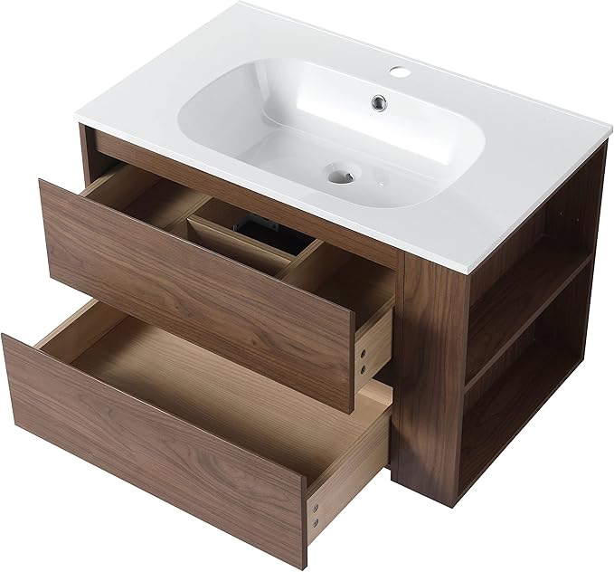 Goujxcy 30" Wall Mounted Bathroom Vanity with Sink, Modern Floating Bathroom Cabinet with White Gel Basin and Storage Drawer/Adjustable Side Shelf, Soft-Closing Door Wood Hanging Bath Room Cabinet