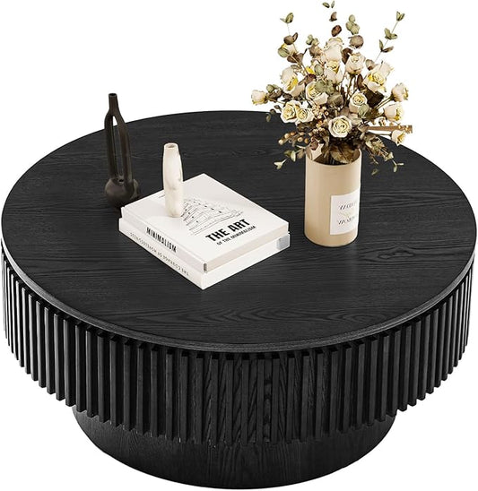 Round Coffee Table for Living Room,Fluted Drum Accent Tea Center Table with Storage,Circle Modern Coffee Tables for Small Space Office Apartment (31.5" L×31.5''W×14''H-Black)