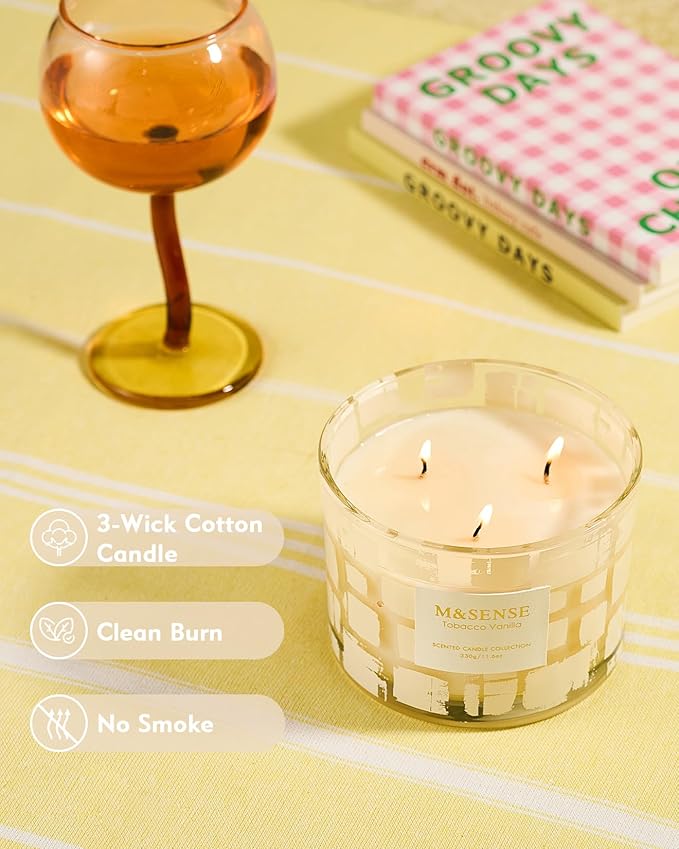 M&SENSE Tobacco Vanilla Scented, Soy Wax 11.6oz 60 Hours Clean Non Toxic Slow Burn,3 Wick Highly Scented Aromatherapy Candles for Relaxation, Holiday Gifts for Men&Women