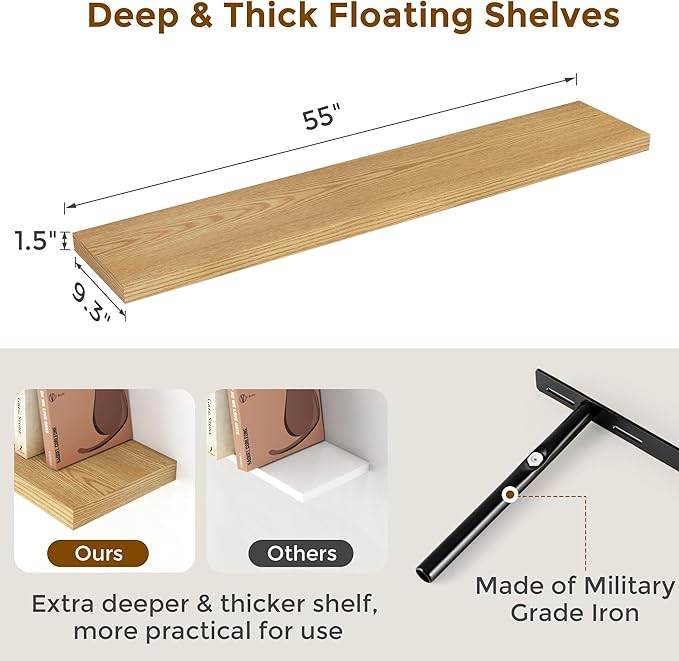 Fun Memories 55 Inch Floating Shelves for Wall, 55x9.3 Large Floating Shelf for Bedroom, Kitchen, Bathroom, Wall Mounted Rustic Wood Shelves with Invisible Bracket for Books, Decor, Oak