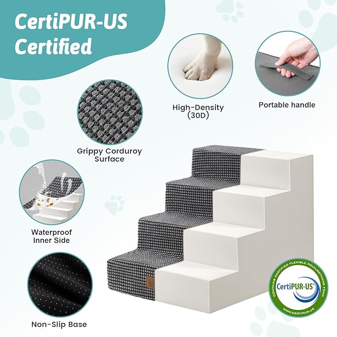 Slope Dog Stairs 15.7" H, Pet Steps for Couch Sofa Chair, Ramp for Small Dogs Puppy Cats Seniors with Removable Washable Cover, 4 Step, Charcoal Grey