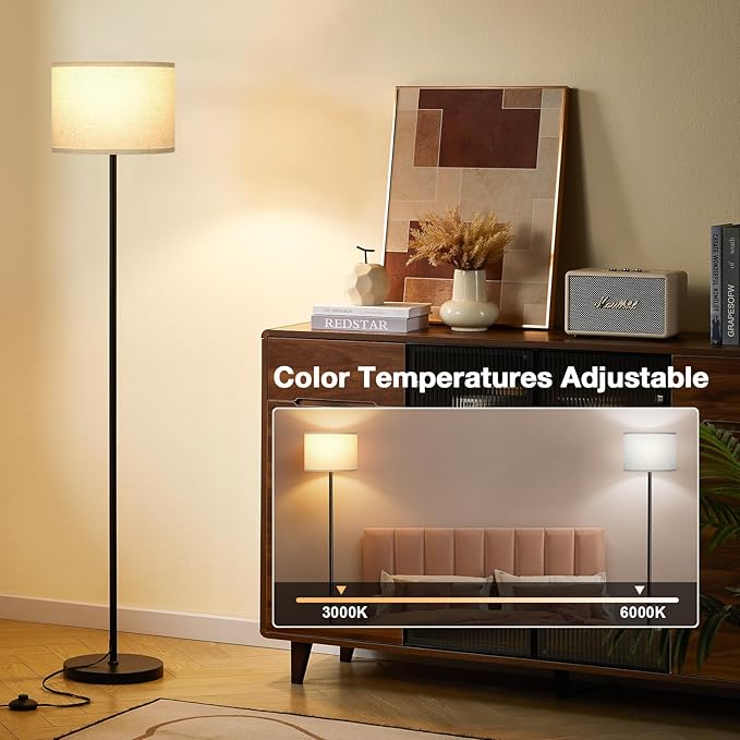 Ambimall 60'' Modern Floor Lamp with Remote, Tall Lamps for Living Room, Bedroom, Office, Dining Room, Beige Shade with Black Pole(Included Bulb)