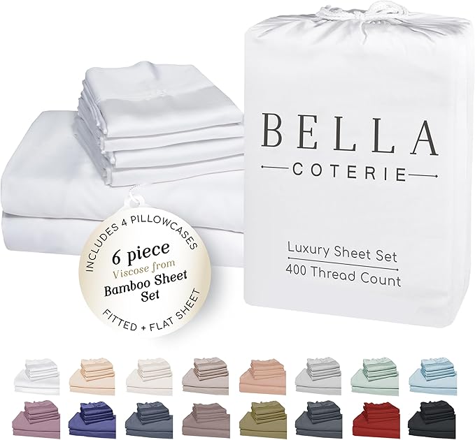 Bella Coterie 6 Piece Luxury Bamboo Viscose Split Top King Size Sheet Set | 34" Split for Adjustable Beds | 100% Organically Grown| Cooling | 18” Deep Pocket | 4 Pillowcases [White]