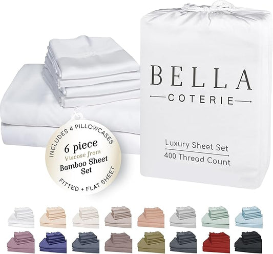 Bella Coterie 6 Piece Luxury Bamboo Viscose Split Top King Size Sheet Set | 34" Split for Adjustable Beds | 100% Organically Grown| Cooling | 18” Deep Pocket | 4 Pillowcases [White]
