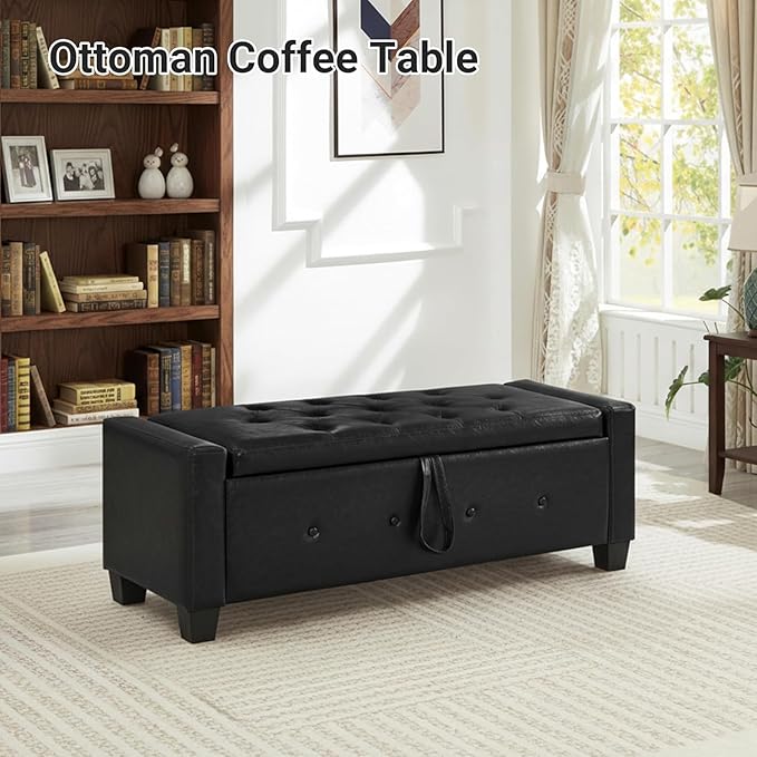 48" Faux Leather Ottoman with Storage, Tufted Storage Ottoman Bench with Safety Hinge, Rectangular Extra Long Bench for Bedroom, Living Room, Entryway and Window, Black