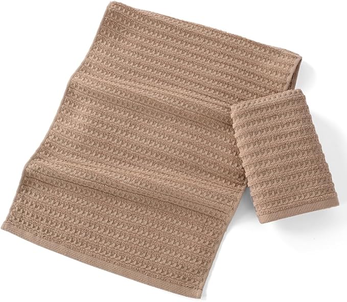 sense gnosis Brown Hand Towel Set of 2 Waffle with Terry Striped Pattern 100% Cotton Ultra Soft Absorbent Towels for Bathroom Kitchen Home 13 x 29 Inch