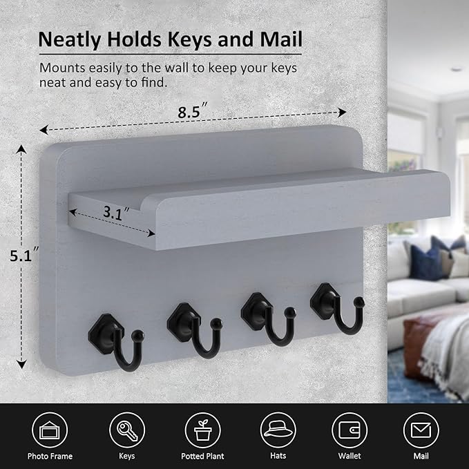 Nekon Key Holder Wall Mount, 8.5 Inch Small Home Decor Wooden Wall Organizer with 4 Hooks and Shelf, Key and Mail Holder for Living Room Entryway Kitchen (Gray)