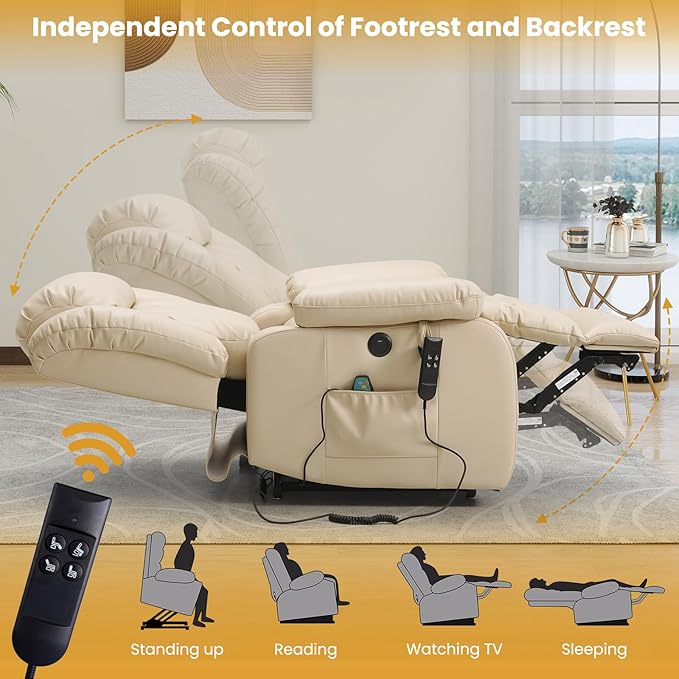 PARKOL Dual Motor Power Lift Recliner Chair for Elderly, 180-Degree Infinite Position Lay Flat Leather Recliner Chairs, with Massage and Heating, USB & Type-C Port and Remote (Beige, Medium)