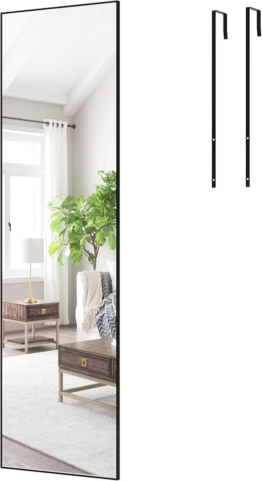 ANYHI Over The Door Mirror, 60"x18" Black Full Length Mirror with 2 Hooks, Door Hanging or Wall Mounted, Aluminum Frame, for Bedroom Bathroom